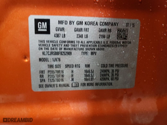 2015 Chevrolet Trax LT with VIN KL7CJRSB8FB252909, listed as a Copart auction lot 46915225 with 89,114 mi miles and Salvage Title. Bid and sale history available at carsss.com. Image 12.