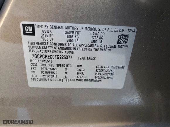 2015 Chevrolet Silverado 1500 LT with VIN 3GCPCREC0FG226377, listed as a Copart auction lot 52741485 with 116,115 mi miles and Salvage Title. Bid and sale history available at carsss.com. Image 13.