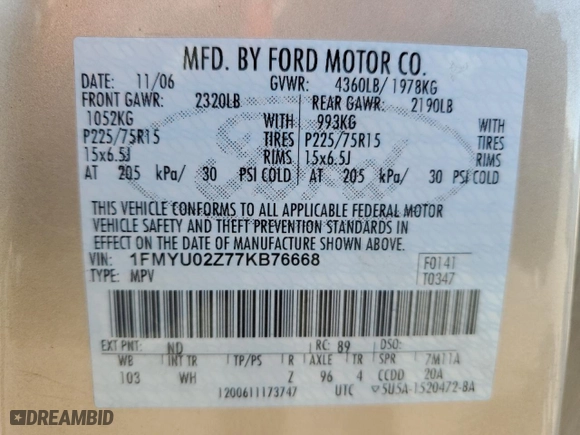 2007 Ford Escape XLS with VIN 1FMYU02Z77KB76668, listed as a Copart auction lot 73338784 with 166,759 mi miles and Salvage Title. Bid and sale history available at carsss.com. Image 14.