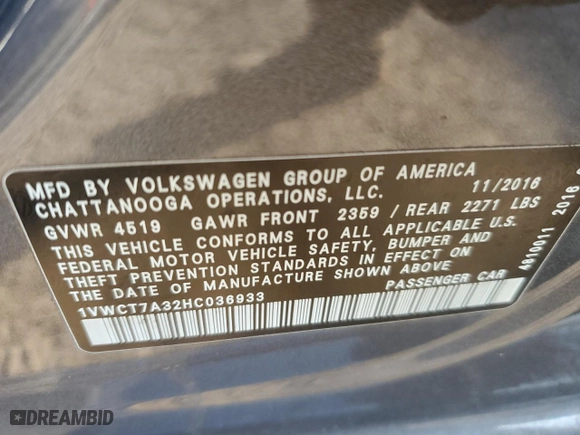2017 Volkswagen Passat 1.8T SEL Premium with VIN 1VWCT7A32HC036933, listed as a Copart auction lot 48288385 with 113,922 mi miles and Salvage Title. Bid and sale history available at carsss.com. Image 12.