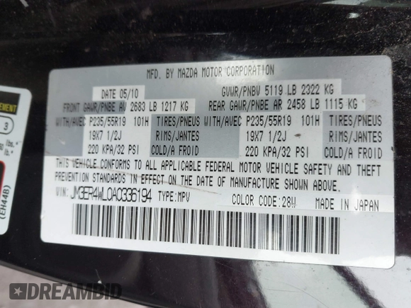 2010 Mazda CX-7 Touring with VIN JM3ER4WL0A0336194, listed as a IAAI auction lot 41849357 with 191,123 mi miles. Bid and sale history available at carsss.com. Image 9.