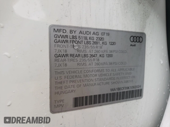 2019 Audi Q3 Premium Plus with VIN WA1BECF39K1082024, listed as a Copart auction lot 39402854 with 29,317 mi miles. Bid and sale history available at carsss.com. Image 16.