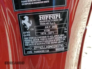 2022 Ferrari F8 с VIN ZFF92LLA9N0283790, выставлен на аукционе Copart как лот 68454704 с пробегом 2 761 миль миль и Списание • Salvage title. История ставок и продаж доступна на DreamBid. Изображение 12.