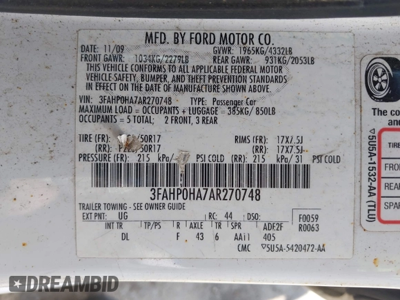2010 Ford Fusion SE with VIN 3FAHP0HA7AR270748, listed as a IAAI auction lot 42181916 with 228,661 mi miles and . Bid and sale history available at carsss.com. Image 9.