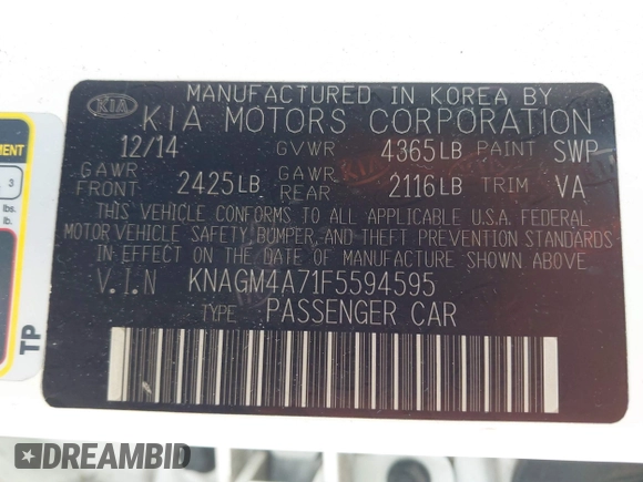 2015 Kia Optima LX z VIN KNAGM4A71F5594595, wystawiony jako IAAI lot #42226773 z przebiegiem 133 194 mil mil oraz . Historia ofert i sprzedaży dostępna na DreamBid. Obrazek 9.