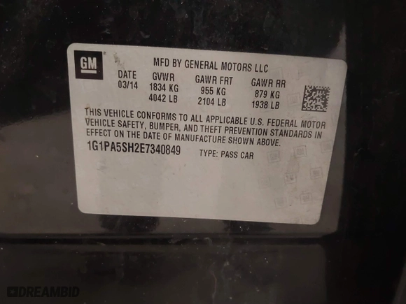 2014 Chevrolet Cruze LS with VIN 1G1PA5SH2E7340849, listed as a IAAI auction lot 41945025 with 107,425 mi miles. Bid and sale history available at carsss.com. Image 9.