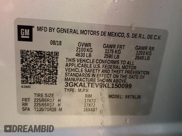 2019 GMC Terrain SLE with VIN 3GKALTEV9KL150099, listed as a Copart auction lot 55633105 with 117,023 mi miles and Salvage title. Bid and sale history available at DreamBid. Image 12.
