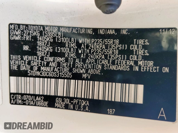 2013 Toyota Sienna XLE AAS z VIN 5TDYK3DC6DS315505, wystawiony jako Copart lot #58428475 z przebiegiem 140 140 mil mil oraz Szkoda całkowita • Salvage title. Historia ofert i sprzedaży dostępna na DreamBid. Obrazek 13.