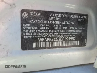 2011 BMW 3 Series 328i xDrive with VIN WBAPK7C53BF195582, listed as a Copart auction lot 46494724 with 140,280 mi miles and Salvage Title. Bid and sale history available at carsss.com. Image 12.