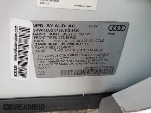 2022 Audi Q5 S line Premium Plus with VIN WA1EAAFY7N2085060, listed as a Copart auction lot 37747293 with 8,015 mi miles and . Bid and sale history available at DreamBid. Image 13.