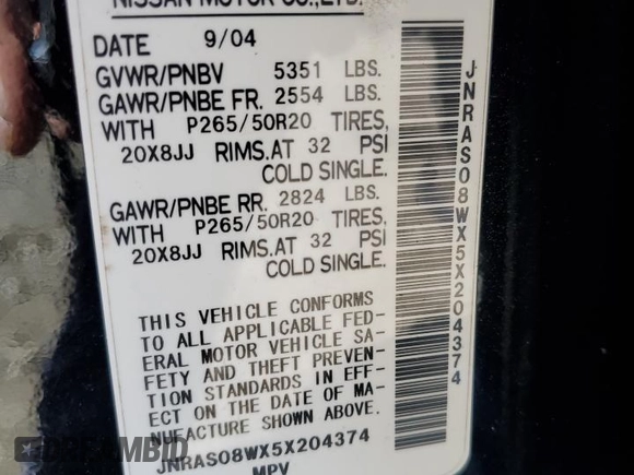 2005 Infiniti FX z VIN JNRAS08WX5X204374, wystawiony jako Copart lot #47408985 z przebiegiem 200 548 mil mil oraz Szkoda całkowita • Salvage title. Historia ofert i sprzedaży dostępna na DreamBid. Obrazek 14.