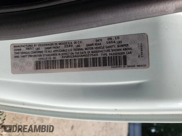 2010 Volkswagen Beetle with VIN 3VWRG3AG0AM027565, listed as a Copart auction lot 61908315 with 74,858 mi miles and Salvage title. Bid and sale history available at DreamBid. Image 12.