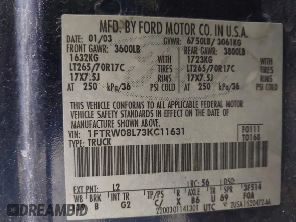 2003 Ford F-150 XLT z VIN 1FTRW08L73KC11631, wystawiony jako IAAI lot #42673130 z przebiegiem 188 945 mil mil oraz . Historia ofert i sprzedaży dostępna na DreamBid. Obrazek 9.