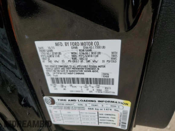 2011 Ford F-150 XLT with VIN 1FTFW1ET4BFC98666, listed as a Copart auction lot 59034455 with 175,742 mi miles and Salvage title. Bid and sale history available at DreamBid. Image 12.