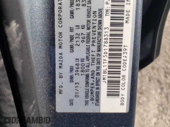 2013 Mazda 3 i SV with VIN JM1BL1TF5D1788313, listed as a Copart auction lot 53027355 with 90,356 mi miles and Salvage Title. Bid and sale history available at DreamBid. Image 12.