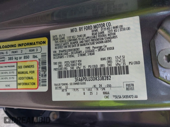 2013 Ford Fusion SE Hybrid with VIN 3FA6P0LU3DR338282, listed as a IAAI auction lot 41973498 with 187,375 mi miles. Bid and sale history available at carsss.com. Image 9.