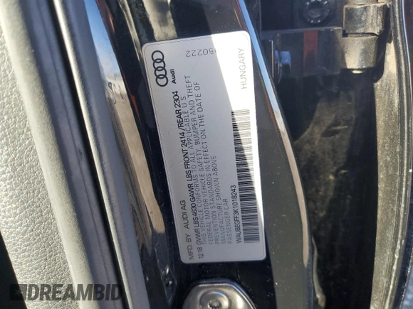 2019 Audi A3 Sedan Premium with VIN WAUBEGFF3K1018243, listed as a Copart auction lot 44052345 with 93,599 mi miles and Salvage Title. Bid and sale history available at carsss.com. Image 12.