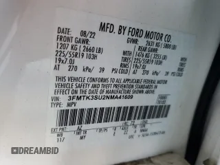 2022 Ford Mustang Mach-E Premium with VIN 3FMTK3SU2NMA41609, listed as a Copart auction lot 52790175 with 34,307 mi miles and Salvage title. Bid and sale history available at DreamBid. Image 13.