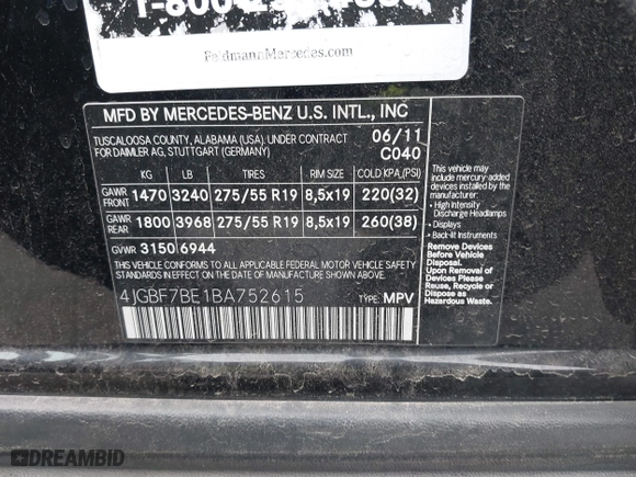 2011 Mercedes-Benz GL-Class GL 450 with VIN 4JGBF7BE1BA752615, listed as a IAAI auction lot 41075508 with 165,605 mi miles. Bid and sale history available at carsss.com. Image 9.