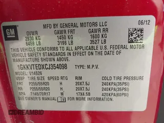 2012 GMC Acadia Denali with VIN 1GKKVTEDXCJ354098, listed as a IAAI auction lot 41875891 with 189,118 mi miles. Bid and sale history available at carsss.com. Image 9.