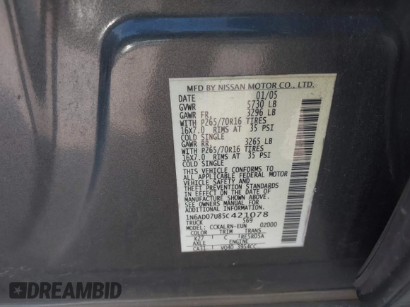 2005 Nissan Frontier LE with VIN 1N6AD07U85C421078, listed as a IAAI auction lot 41655145 with 162,787 mi miles and . Bid and sale history available at DreamBid. Image 9.