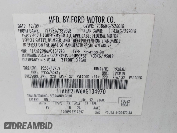 2010 Ford Taurus Limited with VIN 1FAHP2FW6AG134970, listed as a IAAI auction lot 42521161 with 186,553 mi miles and . Bid and sale history available at DreamBid. Image 9.