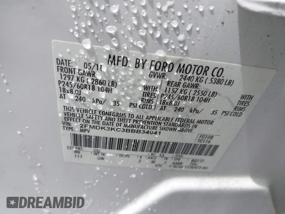 2011 Ford Edge Limited with VIN 2FMDK3KC3BBB34941, listed as a IAAI auction lot 42363570 with 221,767 mi miles and . Bid and sale history available at DreamBid. Image 9.