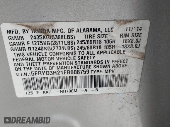2015 Acura MDX with VIN 5FRYD3H21FB008759, listed as a IAAI auction lot 41277056 with 121,771 mi miles and . Bid and sale history available at DreamBid. Image 9.