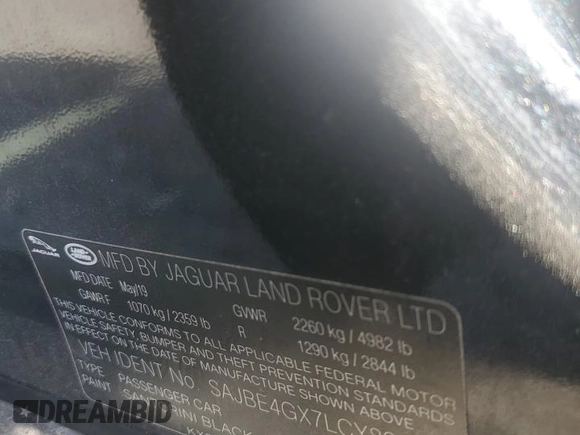 2020 Jaguar XF with VIN SAJBE4GX7LCY83474, listed as a Copart auction lot 56100914 with 36,919 mi miles and Salvage Title. Bid and sale history available at DreamBid. Image 12.