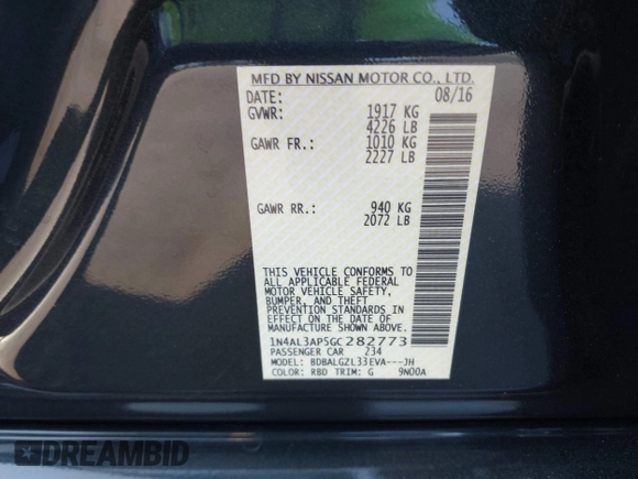 2016 Nissan Altima SR with VIN 1N4AL3AP5GC282773, listed as a IAAI auction lot 42386733 with 134,584 mi miles and . Bid and sale history available at DreamBid. Image 9.