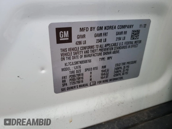 2022 Chevrolet Trax LT z VIN KL7CJLSM7NB568766, wystawiony jako Copart lot #58099525 z przebiegiem 6 057 mil mil oraz Czysty tytuł • Clean title. Historia ofert i sprzedaży dostępna na DreamBid. Obrazek 13.