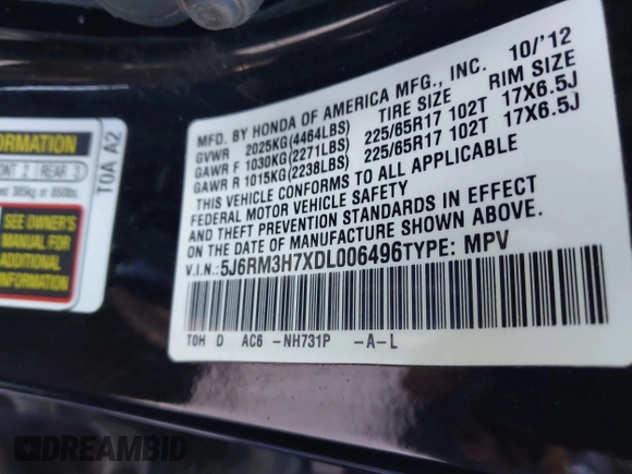 2013 Honda CR-V EX-L with VIN 5J6RM3H7XDL006496, listed as a IAAI auction lot 40938274 with 153,165 mi miles and . Bid and sale history available at DreamBid. Image 9.