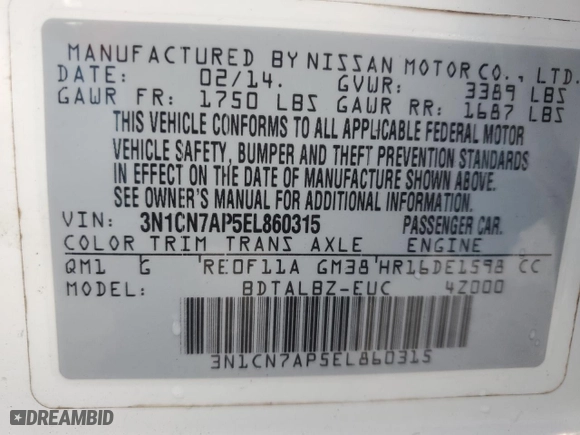 2014 Nissan Versa S with VIN 3N1CN7AP5EL860315, listed as a Copart auction lot 43916565 with 78,698 mi miles and Salvage Title. Bid and sale history available at carsss.com. Image 13.