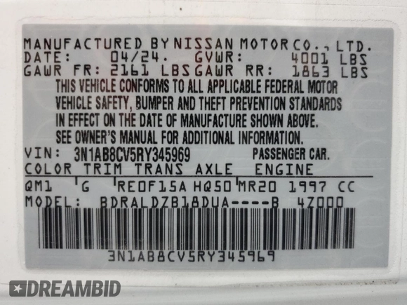 2024 Nissan Sentra SV with VIN 3N1AB8CV5RY345969, listed as a Copart auction lot 55138285 with 24,661 mi miles and Clean Title. Bid and sale history available at carsss.com. Image 12.