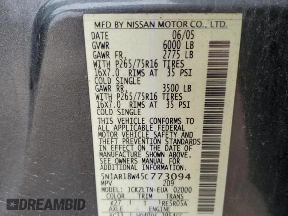 2005 Nissan Pathfinder SE с VIN 5N1AR18W45C773094, выставлен на аукционе Copart как лот 52740655 с пробегом 164 456 миль миль и Списание • Salvage title. История ставок и продаж доступна на DreamBid. Изображение 13.