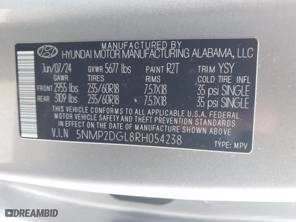 2024 Hyundai Santa Fe SEL with VIN 5NMP2DGL8RH054238, listed as a IAAI auction lot 41333486 with 1,466 mi miles. Bid and sale history available at carsss.com. Image 9.