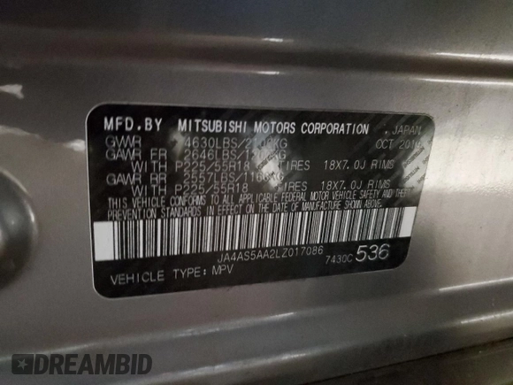 2020 Mitsubishi Eclipse Cross SE with VIN JA4AS5AA2LZ017086, listed as a Copart auction lot 87841555 with 37,545 mi miles and Salvage title. Bid and sale history available at DreamBid. Image 14.