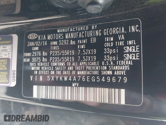 2014 Kia Sorento SX with VIN 5XYKW4A76EG549679, listed as a IAAI auction lot 41916294 with 146,566 mi miles. Bid and sale history available at carsss.com. Image 9.