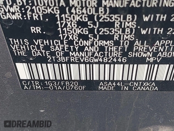 2016 Toyota RAV4 LE with VIN 2T3BFREV6GW482446, listed as a IAAI auction lot 41879439 with 144,693 mi miles. Bid and sale history available at carsss.com. Image 9.