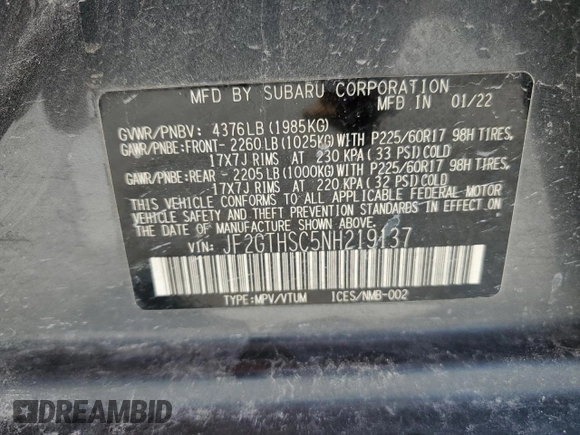 2022 Subaru Crosstrek Special Sports с VIN JF2GTHSC5NH219137, выставлен на аукционе Copart как лот 57653675 с пробегом 73 613 миль миль и Списание • Salvage title. История ставок и продаж доступна на DreamBid. Изображение 14.
