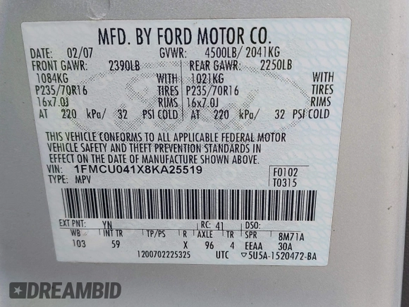2008 Ford Escape Limited with VIN 1FMCU041X8KA25519, listed as a IAAI auction lot 42171095 with 189,410 mi miles and . Bid and sale history available at DreamBid. Image 9.
