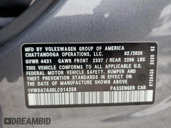 2020 Volkswagen Passat SE with VIN 1VWSA7A35LC014256, listed as a Copart auction lot 57496745 with 113,531 mi miles and Salvage title. Bid and sale history available at DreamBid. Image 14.