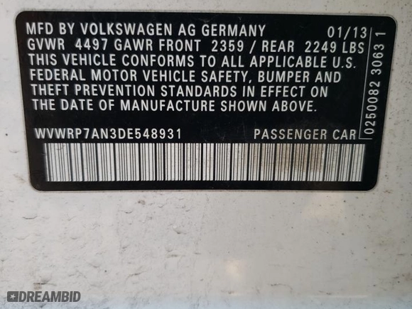2013 Volkswagen CC Lux with VIN WVWRP7AN3DE548931, listed as a Copart auction lot 44573185 with 192,519 mi miles and Salvage Title. Bid and sale history available at carsss.com. Image 12.