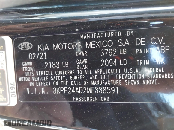 2021 Kia Forte LXS z VIN 3KPF24AD2ME338591, wystawiony jako IAAI lot #42231929 z przebiegiem 86 008 mil mil oraz . Historia ofert i sprzedaży dostępna na DreamBid. Obrazek 9.
