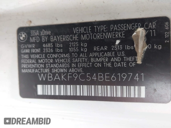 2011 BMW 3 Series 335i xDrive with VIN WBAKF9C54BE619741, listed as a IAAI auction lot 41561412 with 118,813 mi miles and . Bid and sale history available at DreamBid. Image 9.