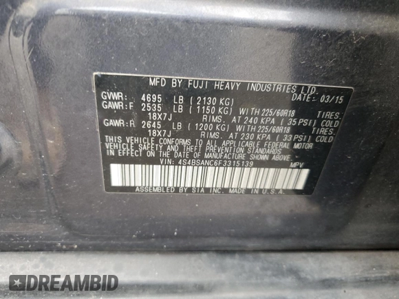 2015 Subaru Outback Limited with VIN 4S4BSANC6F3315139, listed as a Copart auction lot 89104055 with 118,730 mi miles and Salvage Title. Bid and sale history available at DreamBid. Image 14.
