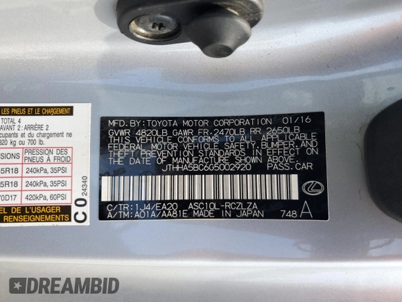 2016 Lexus RC 200t F Sport with VIN JTHHA5BC6G5002920, listed as a Copart auction lot 53126475 with 105,943 mi miles and Salvage title. Bid and sale history available at DreamBid. Image 13.