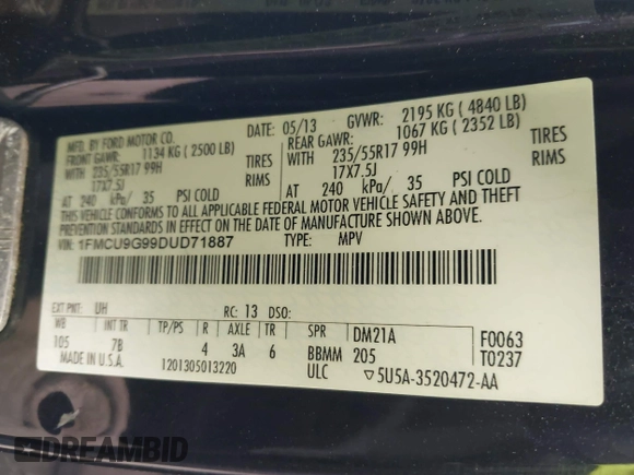 2013 Ford Escape SE with VIN 1FMCU9G99DUD71887, listed as a IAAI auction lot 42689284 with 70,662 mi miles and . Bid and sale history available at DreamBid. Image 9.