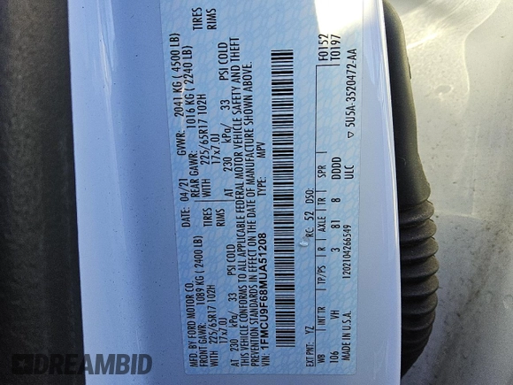 2021 Ford Escape S with VIN 1FMCU9F68MUA51208, listed as a Copart auction lot 45138395 with 155,412 mi miles and Clean Title. Bid and sale history available at DreamBid. Image 13.