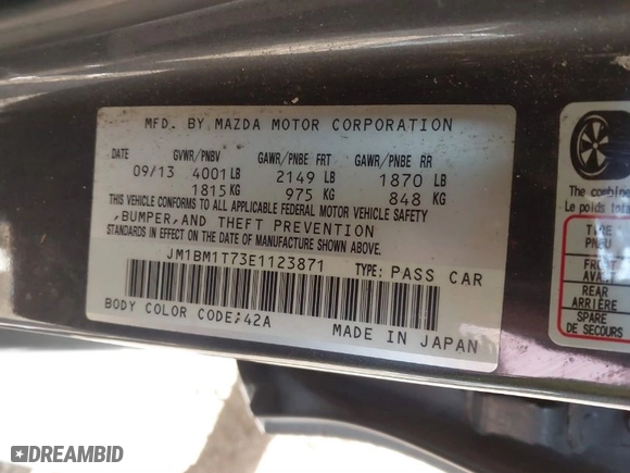 2014 Mazda Mazda3 i SV with VIN JM1BM1T73E1123871, listed as a IAAI auction lot 41343311 with 103,633 mi miles. Bid and sale history available at carsss.com. Image 9.